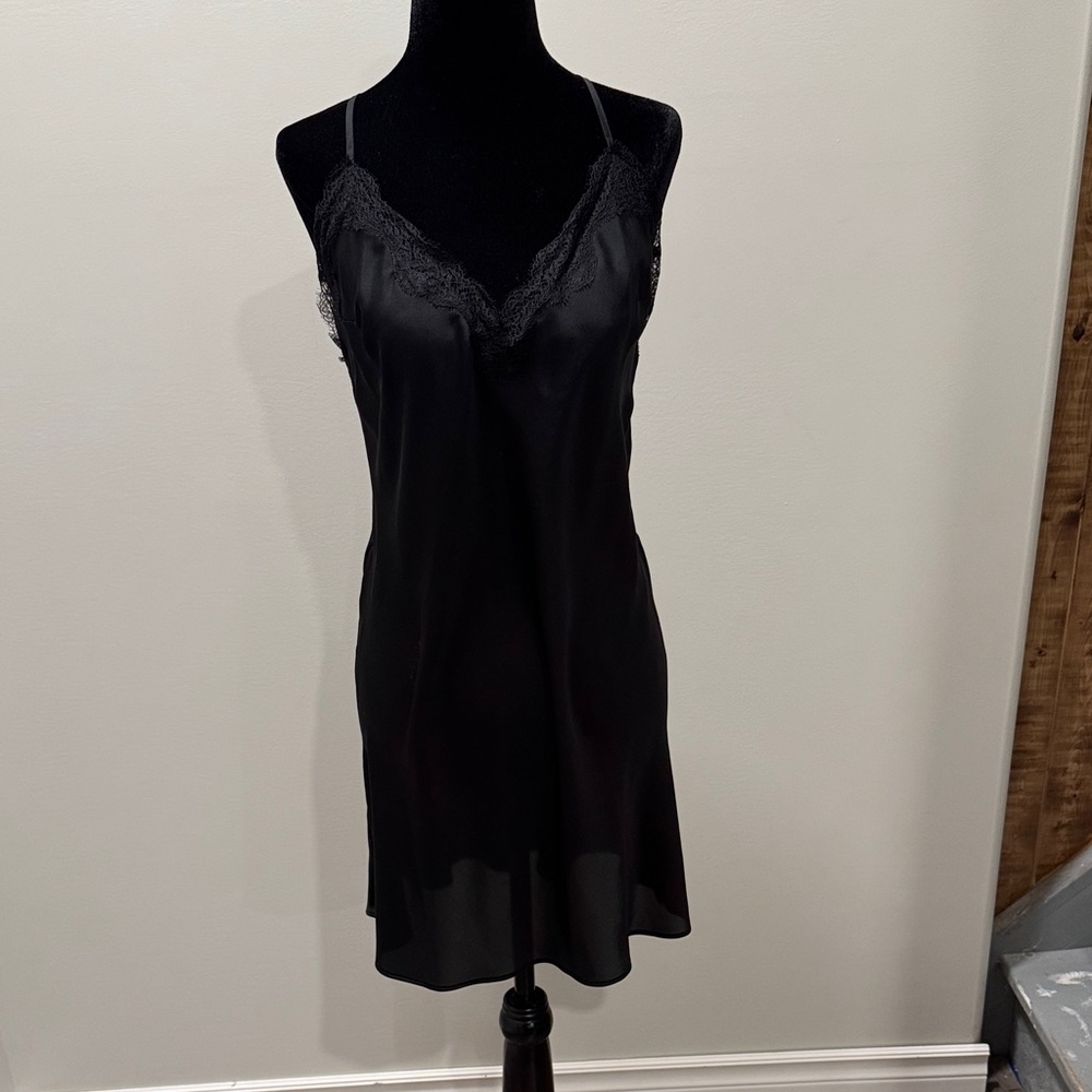 Victoria's Secret Black Satin Chemise with Lace
